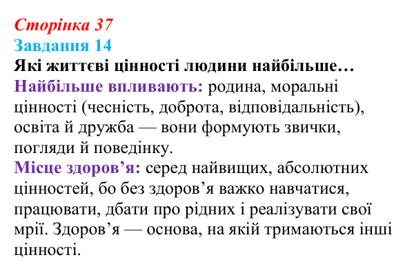 Відповідь до завдання 14 (с. 37) зі здоров’я, безпеки та добробуту для 9 класу, Василенко 2026: Європейські цінності...
