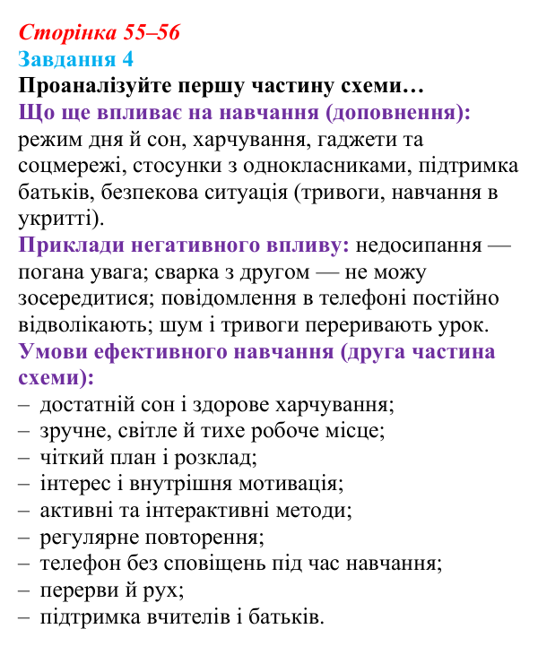 Відповідь до завдання 4 (с. 55–56) зі здоров’я, безпеки та добробуту для 9 класу, Василенко 2026: Уміння вчитися