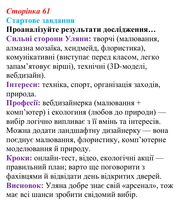 Відповідь до стартового завдання (с. 61) зі здоров’я, безпеки та добробуту для 9 класу, Василенко 2026: Ким бути