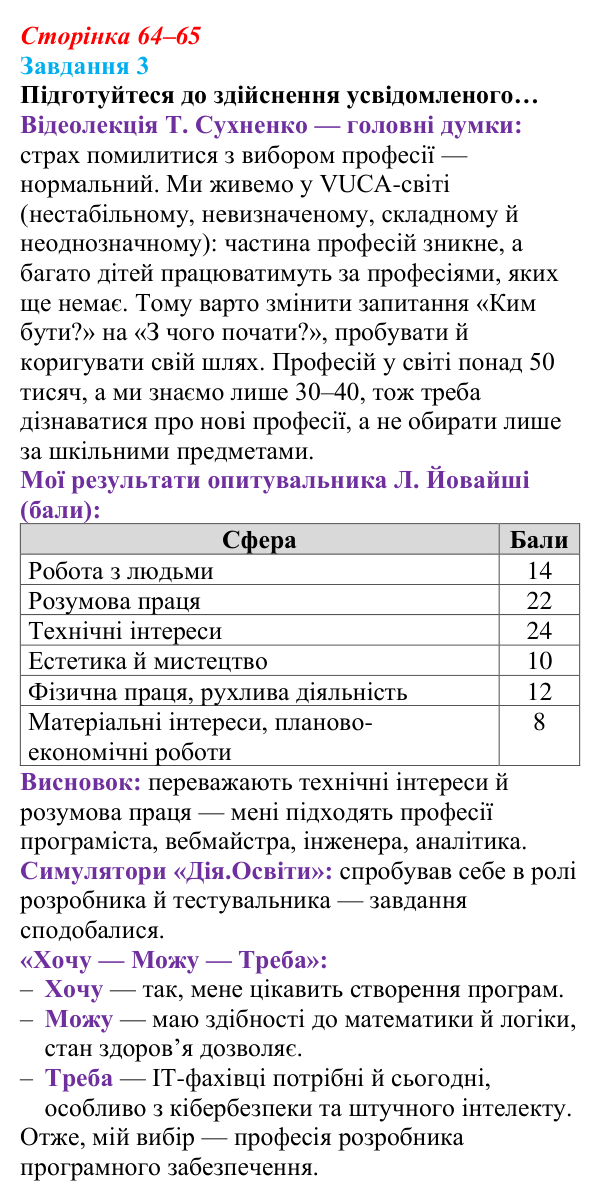 Відповідь до завдання 3 (с. 64–65) зі здоров’я, безпеки та добробуту для 9 класу, Василенко 2026: Ким бути
