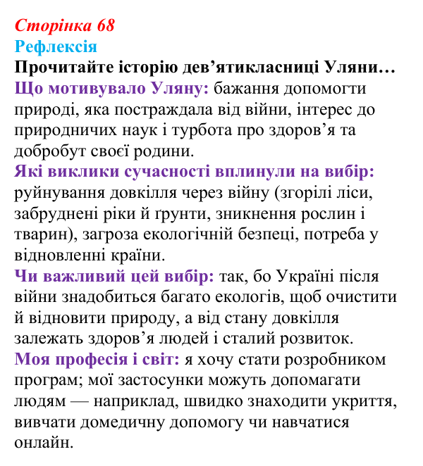 Відповідь до рефлексії (с. 68) зі здоров’я, безпеки та добробуту для 9 класу, Василенко 2026: Ким бути