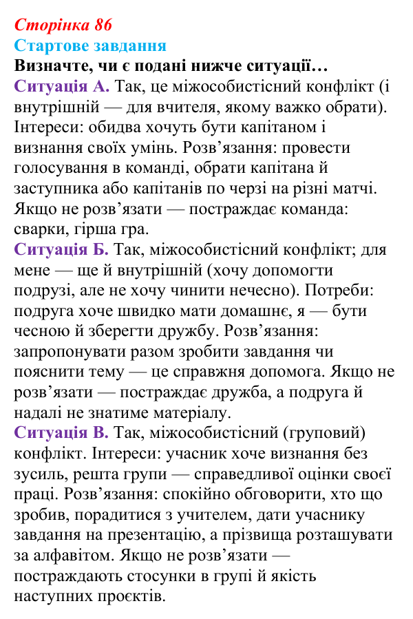 Відповідь до стартового завдання (с. 86) зі здоров’я, безпеки та добробуту для 9 класу, Василенко 2026: Конфлікт без втрат...