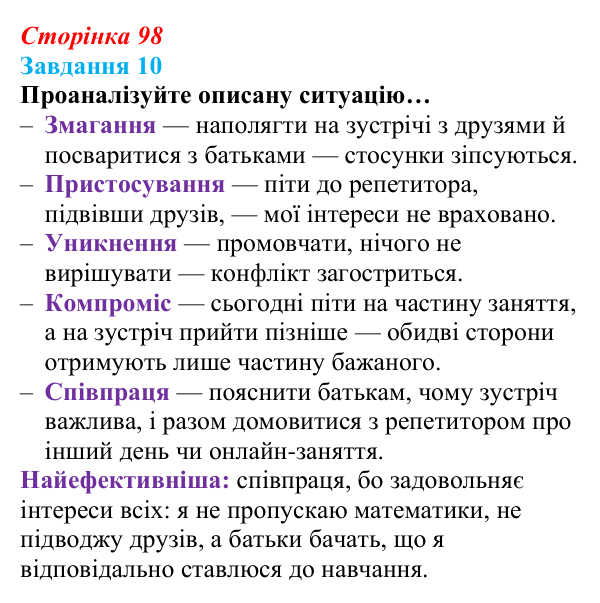 Відповідь до завдання 10 (с. 98) зі здоров’я, безпеки та добробуту для 9 класу, Василенко 2026: Конфлікт без втрат...