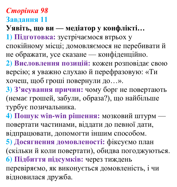 Відповідь до завдання 11 (с. 98) зі здоров’я, безпеки та добробуту для 9 класу, Василенко 2026: Конфлікт без втрат...