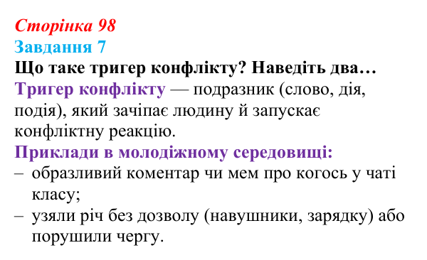 Відповідь до завдання 7 (с. 98) зі здоров’я, безпеки та добробуту для 9 класу, Василенко 2026: Конфлікт без втрат...