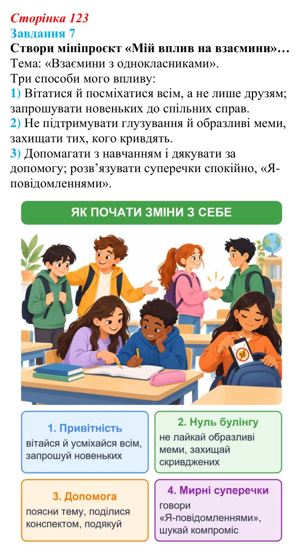 Відповідь до завдання 7 (с. 123) зі здоров’я, безпеки та добробуту для 9 класу, Задорожна 2026: Взаємодія на основі поваги...