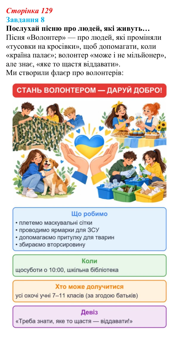 Відповідь до завдання 8 (с. 129) зі здоров’я, безпеки та добробуту для 9 класу, Задорожна 2026: Волонтерство в сьогоденні...
