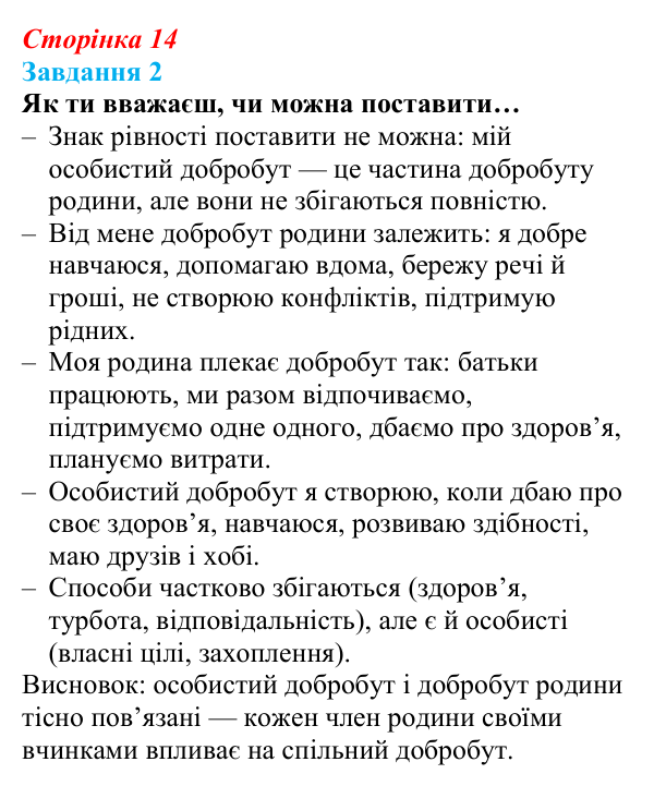 Відповідь до завдання 2 (с. 14) зі здоров’я, безпеки та добробуту для 9 класу, Задорожна 2026: Шляхи створення добробуту
