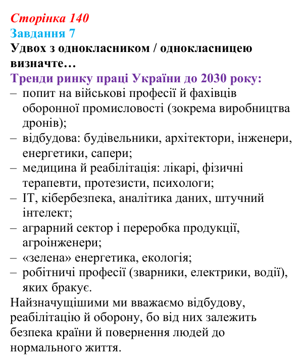 Відповідь до завдання 7 (с. 140) зі здоров’я, безпеки та добробуту для 9 класу, Задорожна 2026: Світ професій