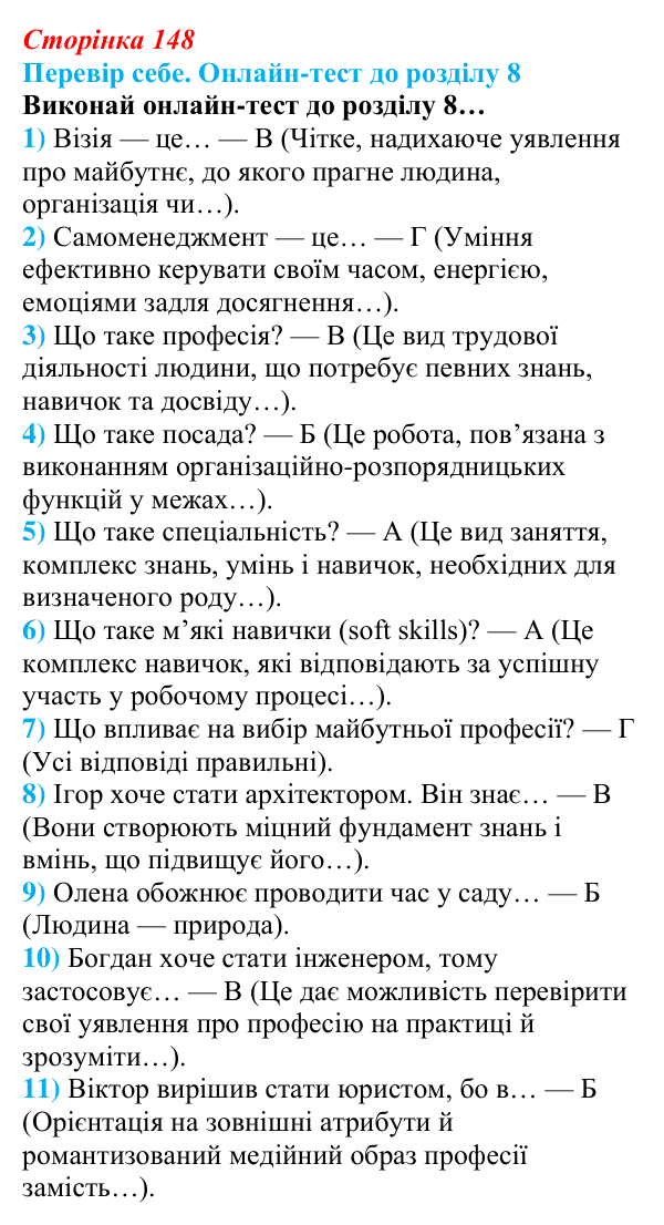 Відповідь до онлайн-тесту «Перевір себе» (с. 148) зі здоров’я, безпеки та добробуту для 9 класу, Задорожна 2026