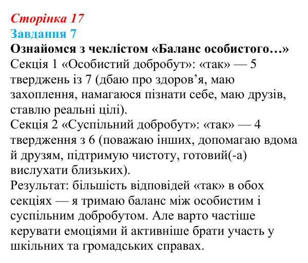 Відповідь до завдання 7 (с. 17) зі здоров’я, безпеки та добробуту для 9 класу, Задорожна 2026: Шляхи створення добробуту