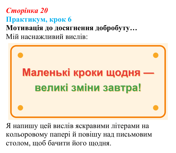 Відповідь до кроку 6 практикуму (с. 20) зі здоров’я, безпеки та добробуту для 9 класу, Задорожна 2026: Практикум: розроби...