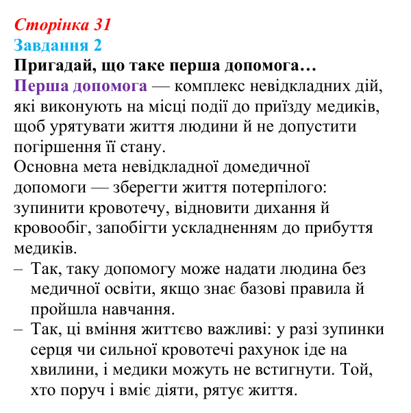 Відповідь до завдання 2 (с. 31) зі здоров’я, безпеки та добробуту для 9 класу, Задорожна 2026: Невідкладна домедична допомога