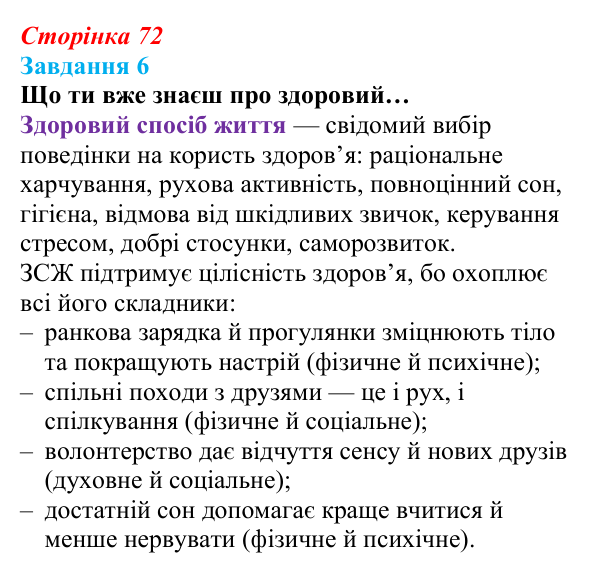 Відповідь до завдання 6 (с. 72) зі здоров’я, безпеки та добробуту для 9 класу, Задорожна 2026: Цілісне уявлення про...