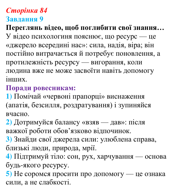Відповідь до завдання 9 (с. 84) зі здоров’я, безпеки та добробуту для 9 класу, Задорожна 2026: Відновлення власних...