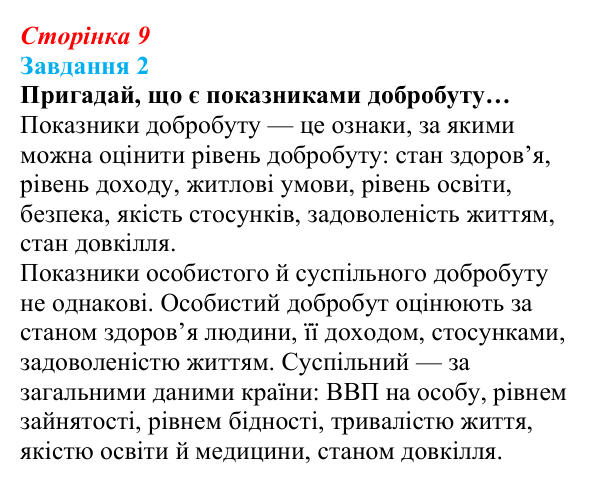 Відповідь до завдання 2 (с. 9) зі здоров’я, безпеки та добробуту для 9 класу, Задорожна 2026: Показники добробуту