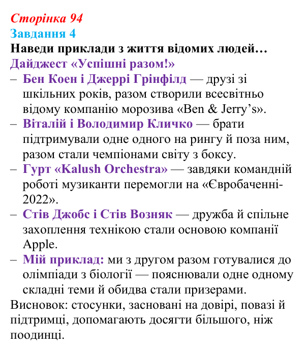 Відповідь до завдання 4 (с. 94) зі здоров’я, безпеки та добробуту для 9 класу, Задорожна 2026: Формування міжособистісних...