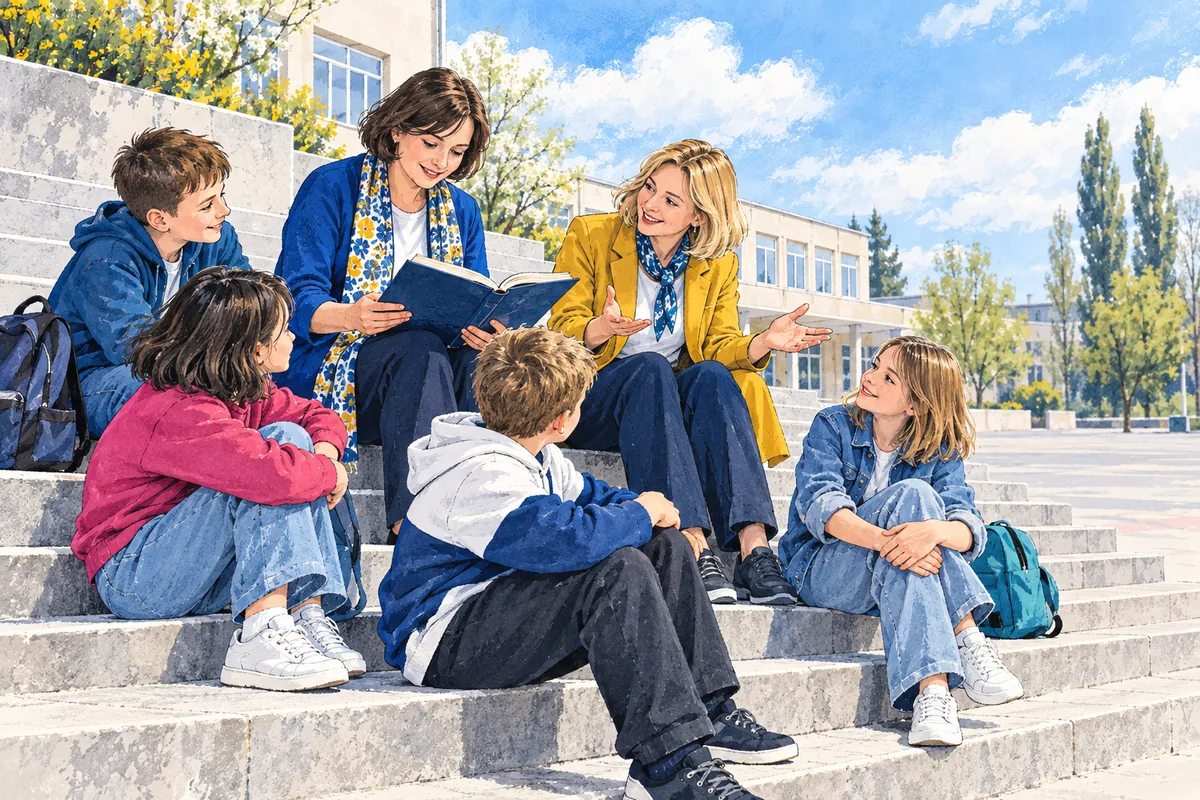 Учителька й шкільна бібліотекарка проводять обговорення книжки з учнями на шкільному подвір’ї