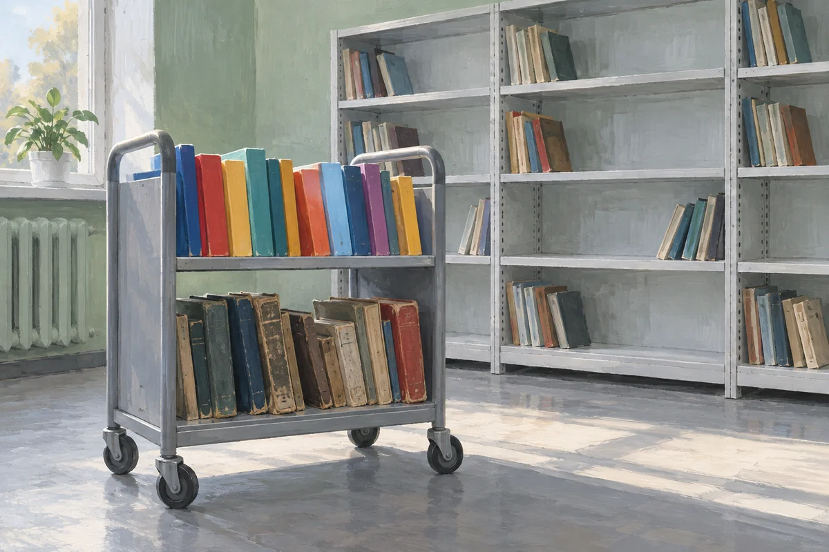 Металевий бібліотечний візок із рядом нових яскравих книжок угорі й старими потертими книжками внизу на тлі напівпорожніх білих стелажів шкільної бібліотеки