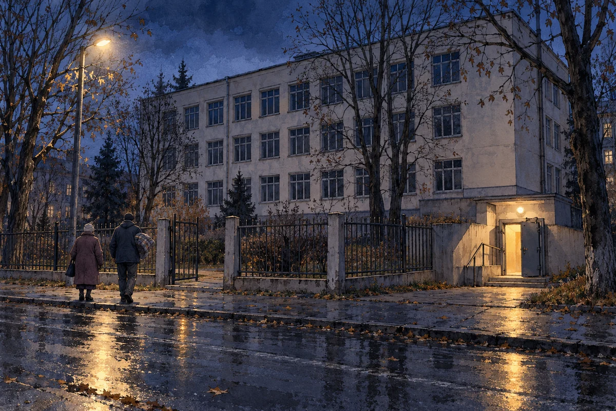Вечірня вулиця біля чотириповерхової школи за металевим парканом: збоку будівлі світиться відчинений вхід до укриття, двоє дорослих ідуть тротуаром до хвіртки