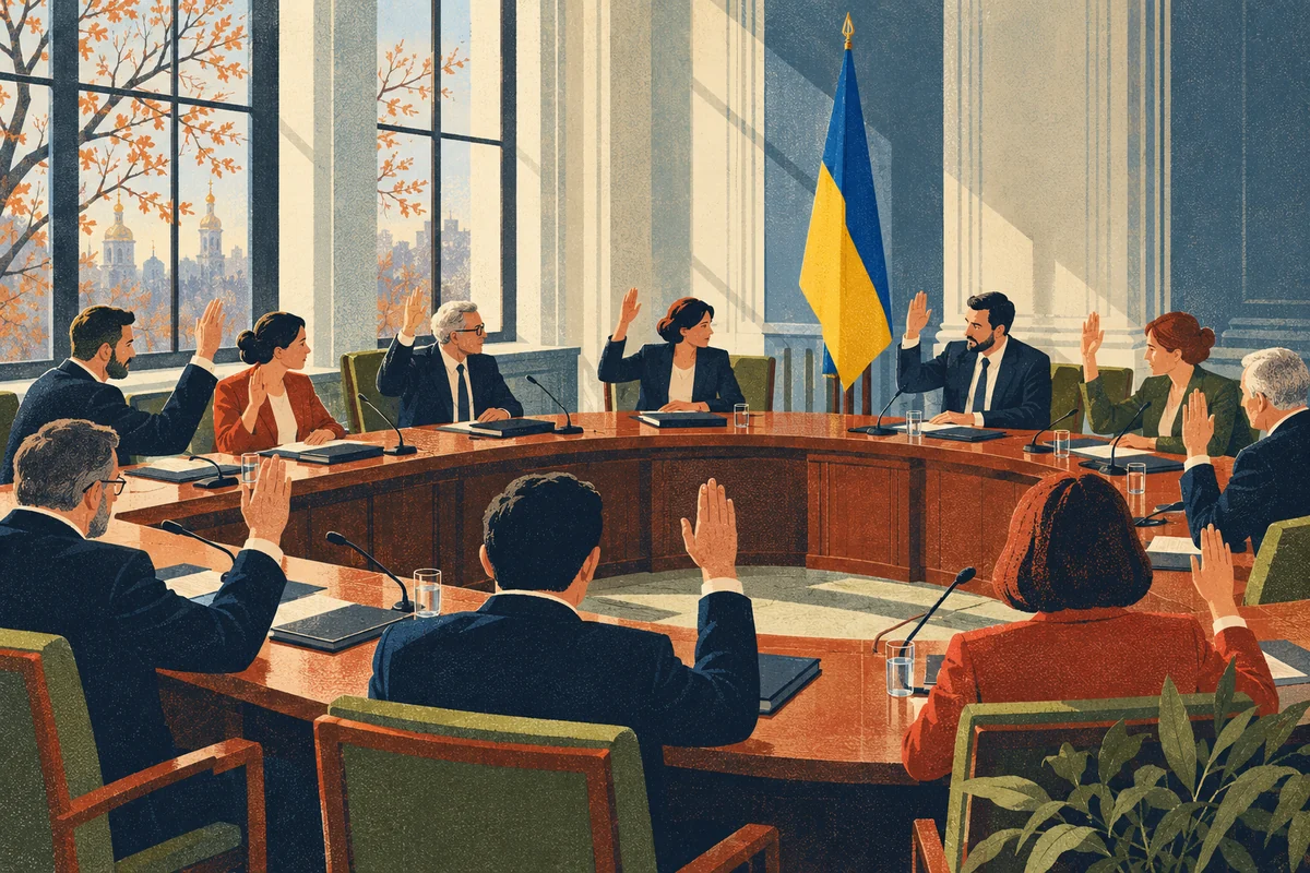 Члени парламентського комітету за підковоподібним столом з мікрофонами голосують піднятими руками, позаду прапор України