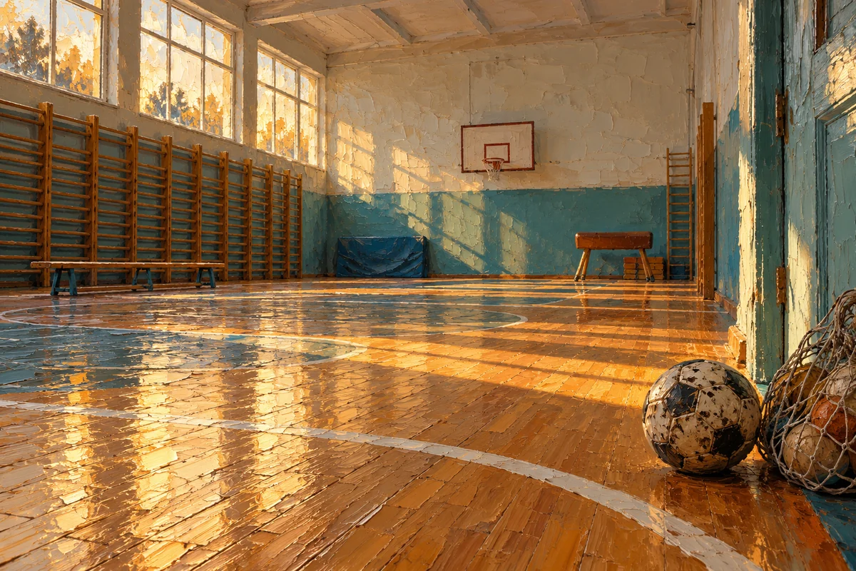 Порожній шкільний спортзал у вечірньому світлі: шведські стінки, баскетбольний кошик, лави й потертий футбольний м'яч біля сітки з м'ячами