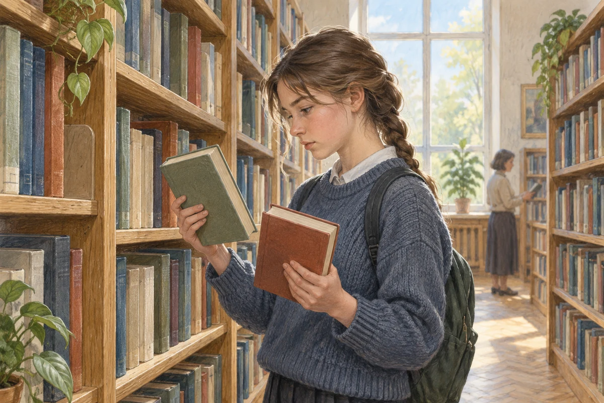 Школярка в бібліотеці порівнює два книжкові джерела для навчального проєкту