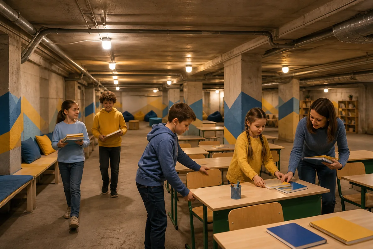 Учні та вчитель готують навчальний простір в укритті