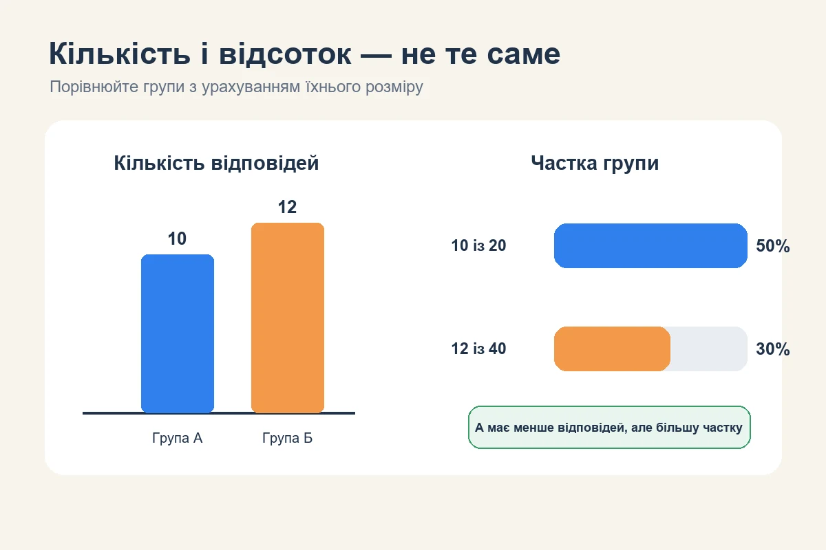 Порівняння кількості відповідей 10 і 12 з частками 50 і 30 відсотків у групах різного розміру