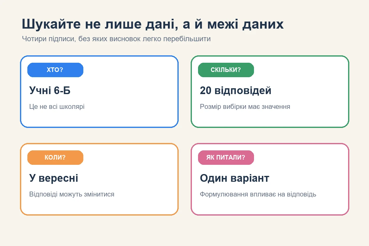 Чотири картки з перевіркою вибірки: хто відповідав, скільки людей, коли й як ставили запитання